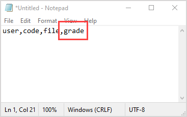 New Notepad document is open and contains user, code, file, grade
